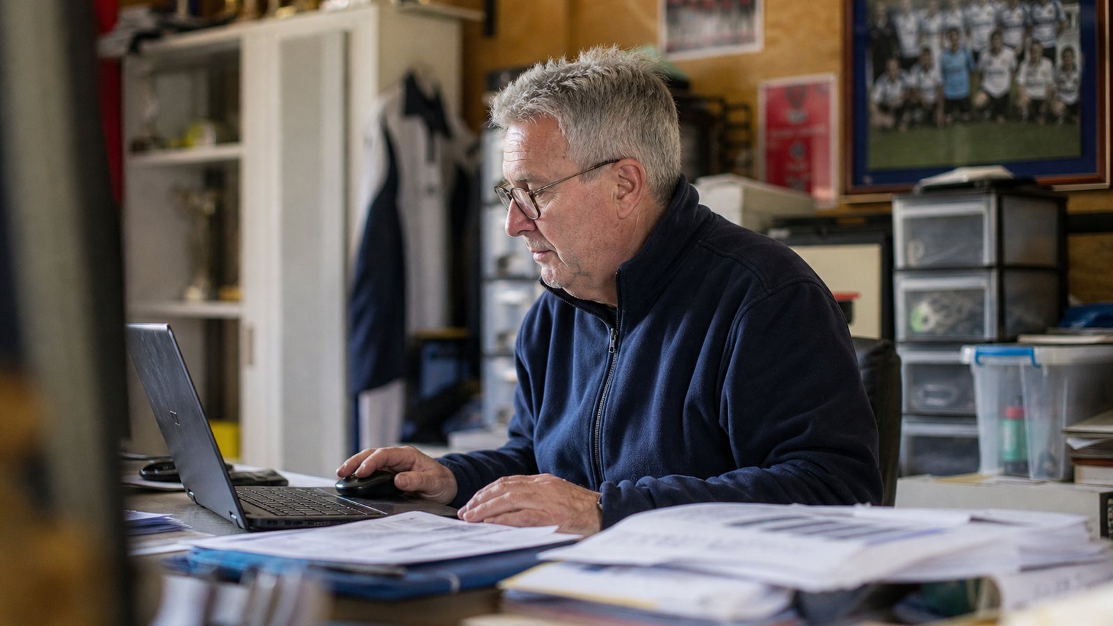 Bénévole gérant les licences du club sur une tablette dans le local associatif