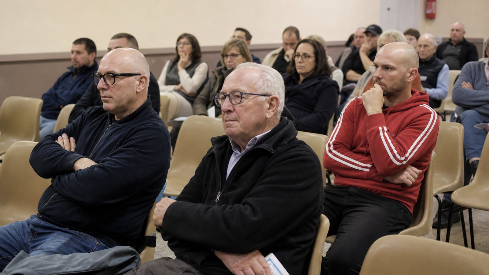 Bureau d'un club sportif présentant le rapport annuel devant les adhérents réunis