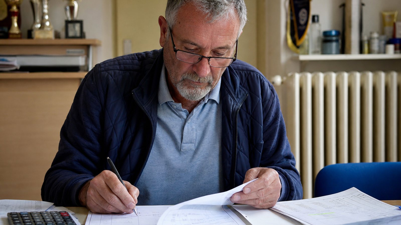Trésorier d'un club sportif pointant les cotisations et les paiements des adhérents sur ses comptes